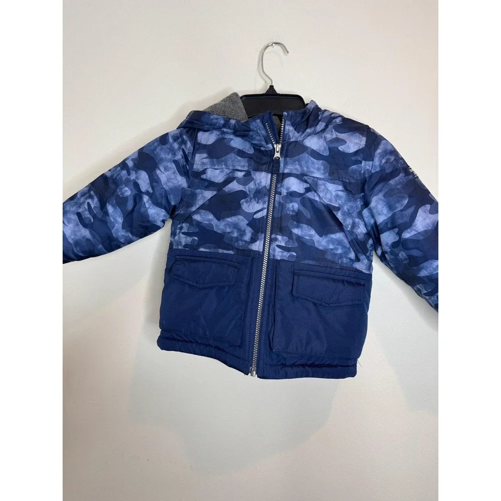OshKosh B'gosh Kids Puffer Jacket 3T Blue Camo Hooded Winter‎ Coat Warm Lined